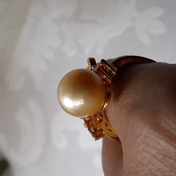 925  Golden South Sea Pearl, Madeira Citrine, White Zircons Ring. 10.5mm FIRM. - Picture 4 of 17